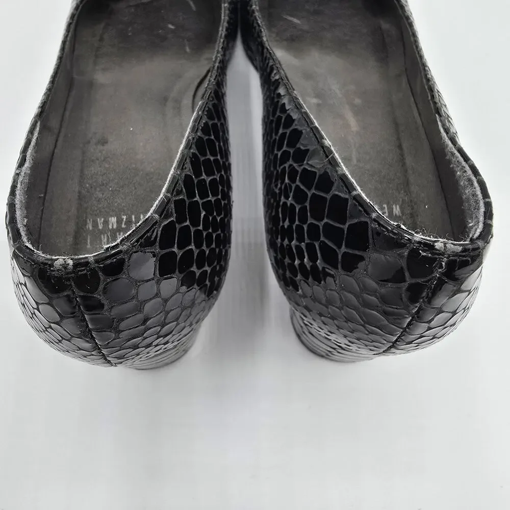 Stuart Weitzman black patent snake print low heel close toe wedges